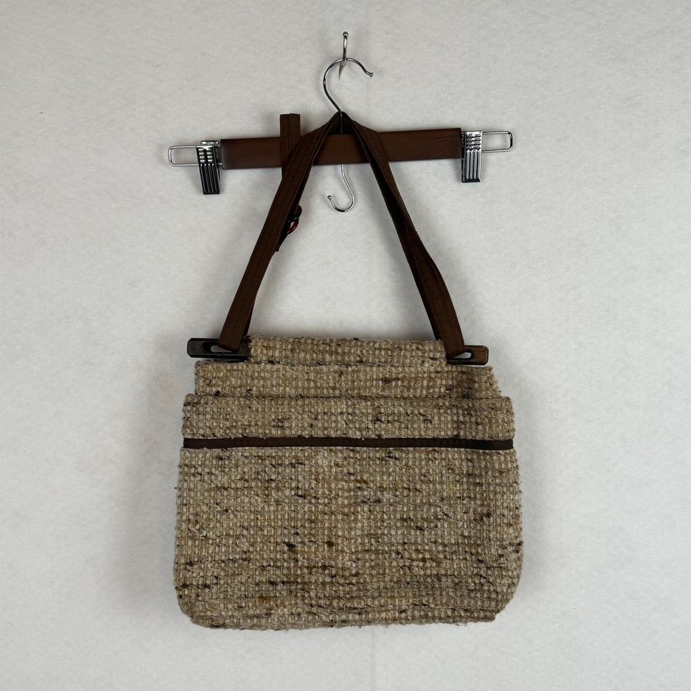 Toby Weston Vintage Woven Shoulder Bag Brown Tan Wood Handles Boho California